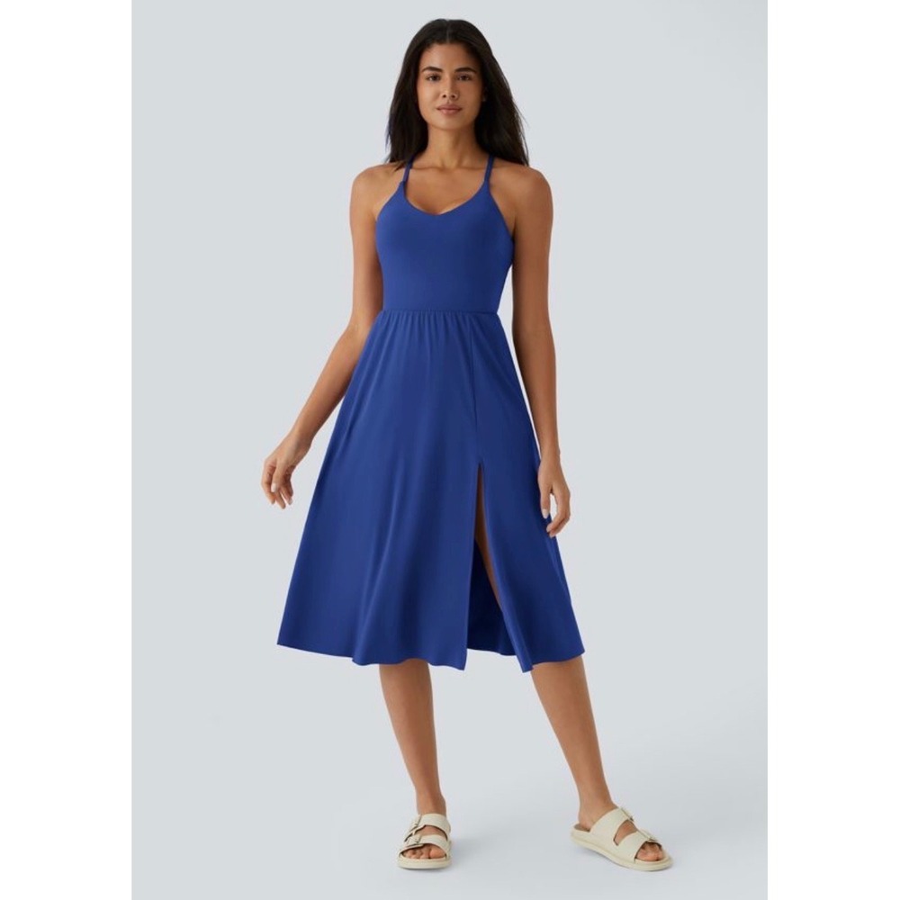 NWT Halara Everyday Midi Chill Dress Surf The Web Blue Built In Bra Size L